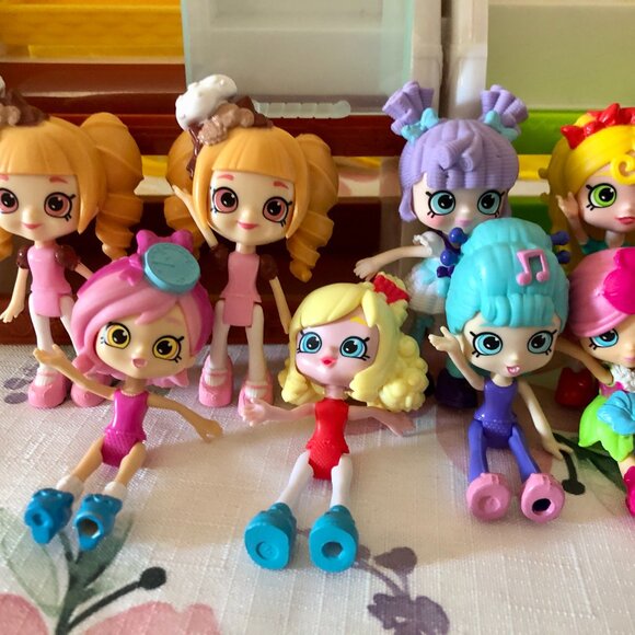 RARE Lot 12 Shopkins Shoppies Minis Dolls 2 Glitter Bows+Bakery Fruit Veg Stands - Picture 3 of 5